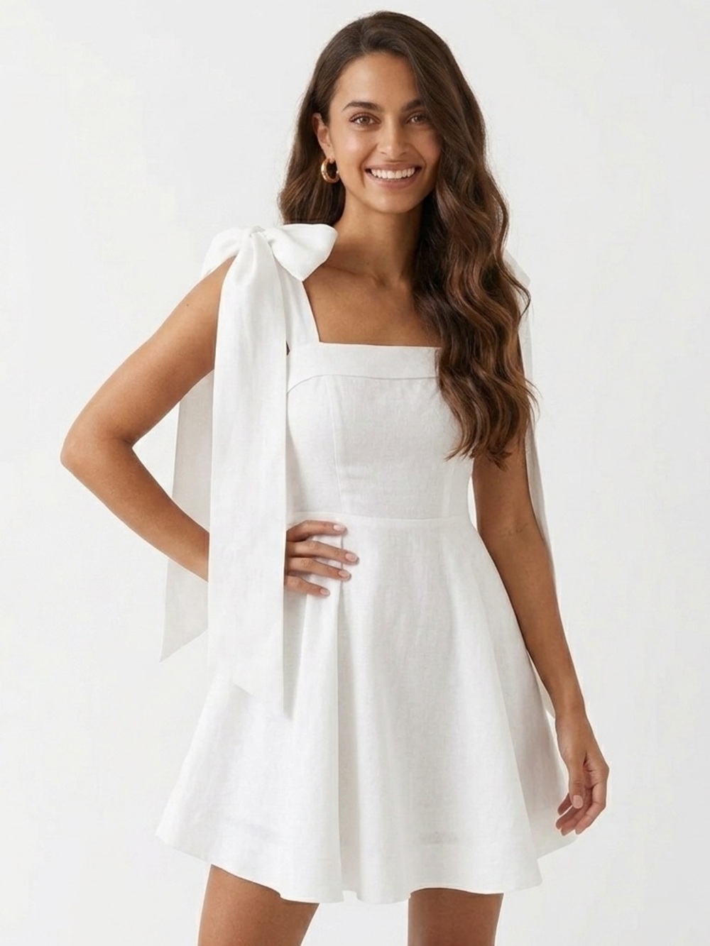 DISSH Aisle White 100% Linen Bow Shoulder Square Neck Mini Dress